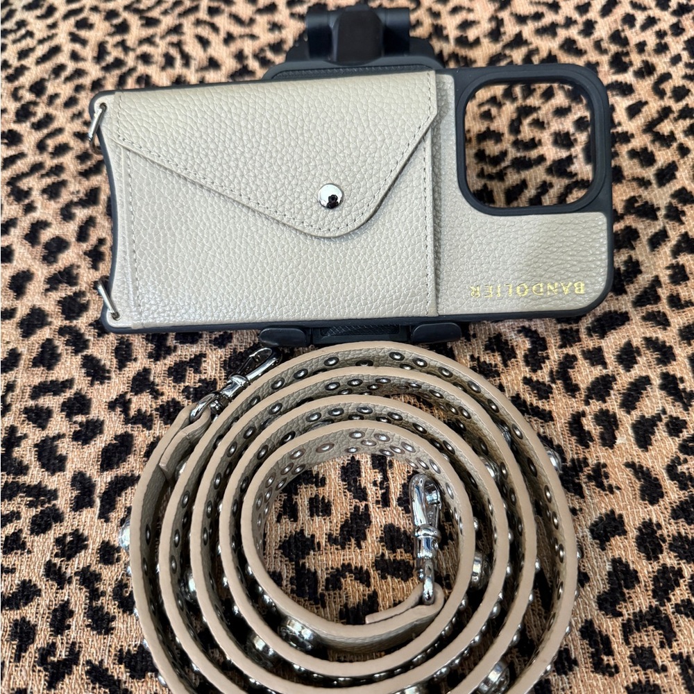 Bandolier Greige/Silver 15 Pro Max iPhone Case with Studded Strap